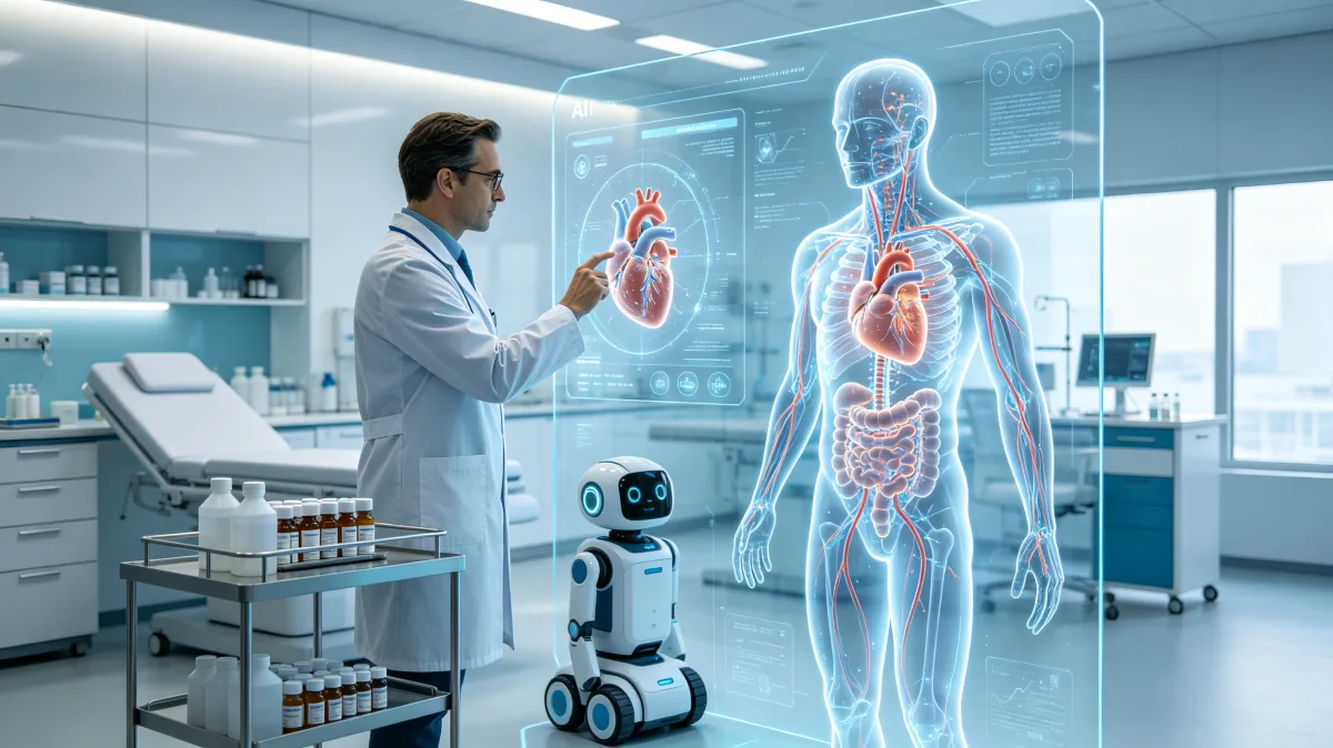 Doctor examining holographic human anatomy in futuristic medical laboratory