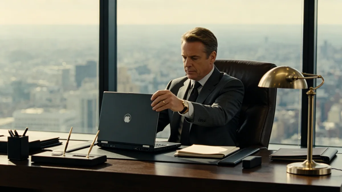 A suited man sits in a high-rise office using a phone beside a laptop, papers, and desk lamp, showing formal business communication, client calls, negotiation, and executive decision-making.