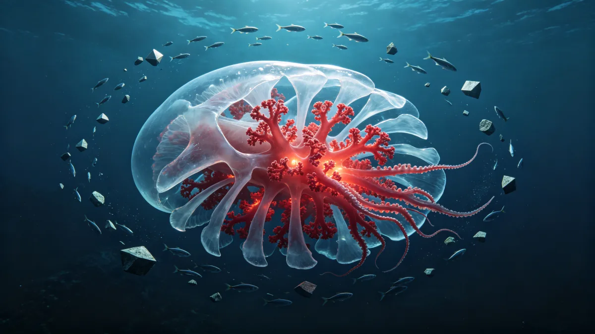 A transparent jellyfish floats underwater with a glowing red coral-like center and scattered shards around it.