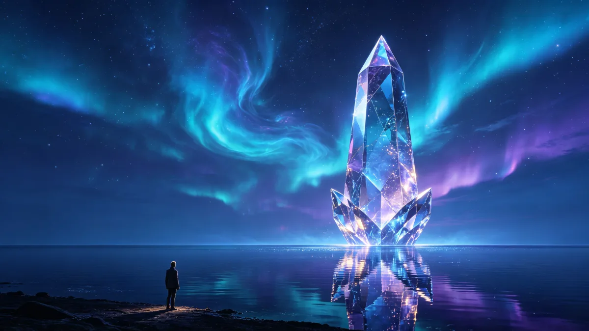 Aurora Crystal Standing On Dark Shore