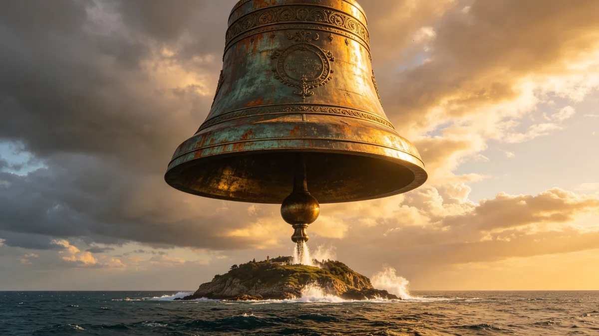 a weathered bronze bell hangs over a small rocky island at sunset, suggesting warning, ceremony, sound, maritime memory, and the heavy presence of tradition in an open seascape.