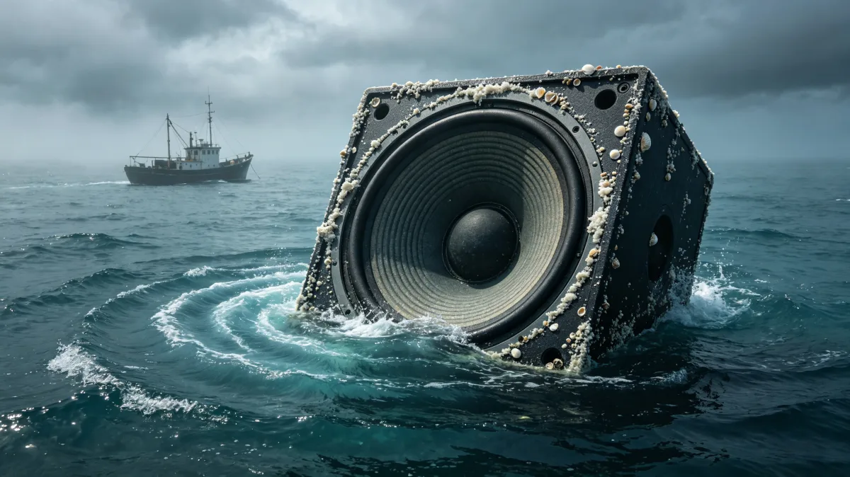a large black speaker cube floats and sinks in rough ocean water near a distant ship, creating a powerful metaphor for sound, signal, lost communication, entertainment hardware, and stormy isolation.