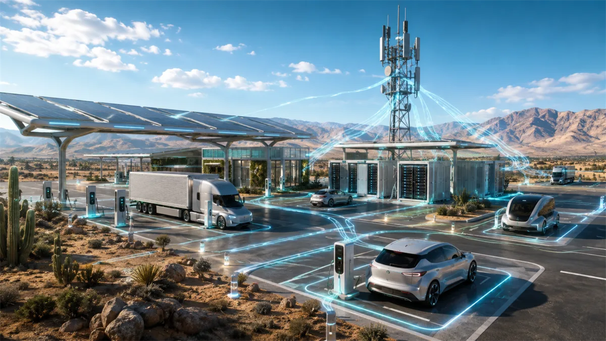 A roadside facility combines electric vehicle chargers, a telecom tower, solar shade structures, and digital connection lines in a desert landscape, showing converged transport, energy, and...