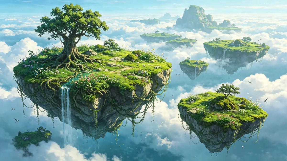 A small floating island carries a wind-shaped tree and trailing roots above a bright cloudscape, creating a dreamlike green land concept about isolation, imagination, sky gardens, and fantasy...