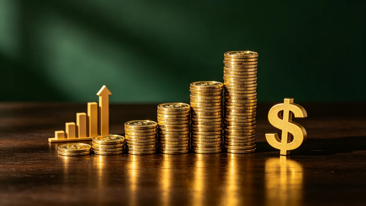 Stacks of gold coins rise beside a freestanding dollar sign and an upward arrow, forming a simple clear image for savings growth, revenue increase, wealth accumulation, and positive financial...