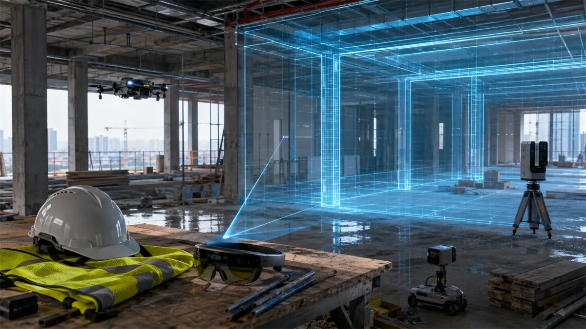 A construction interior is overlaid with blue augmented-reality room outlines, showing digital planning before walls and finishes are complete.