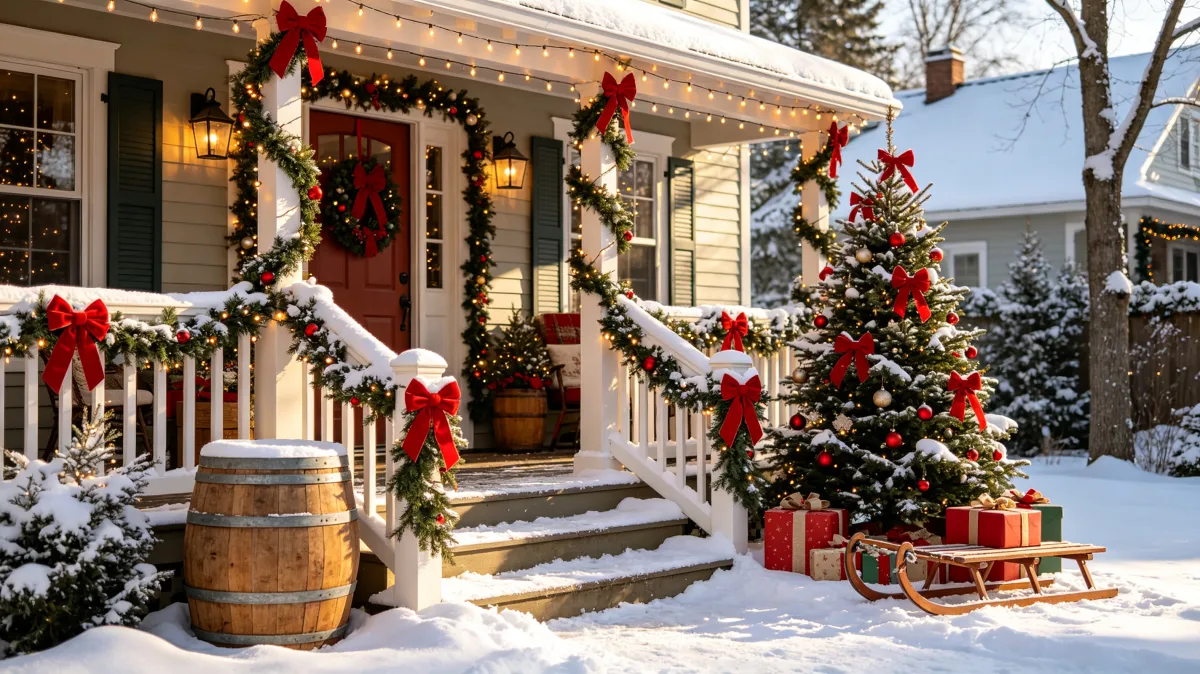 farmhouse Christmas porch with garlands, sled, and gifts