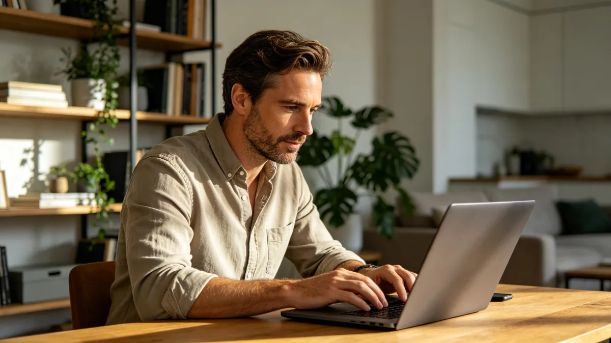 A man works on a laptop at a tidy home desk with shelves, plants, and warm daylight, showing a calm remote-work setting for focused writing, planning, online meetings, or independent business tasks.