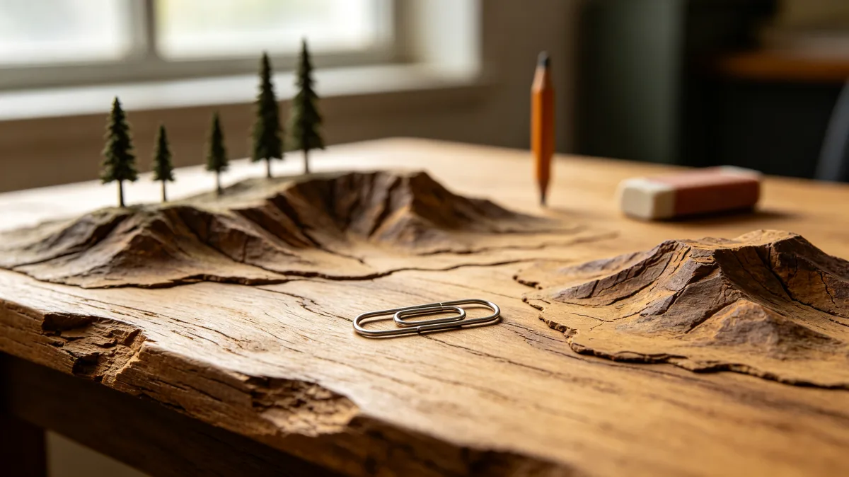 A carved miniature mountain landscape sits on a desk with pencils, clips, and warm window light, turning office supplies into a quiet creative scene about planning, craft, scale, and imagination...