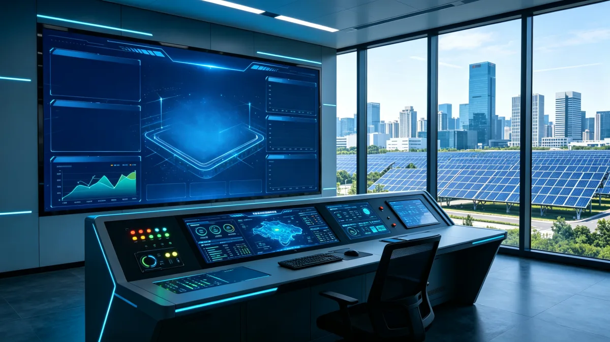 Energy control room with smart grid dashboards and solar panels outside