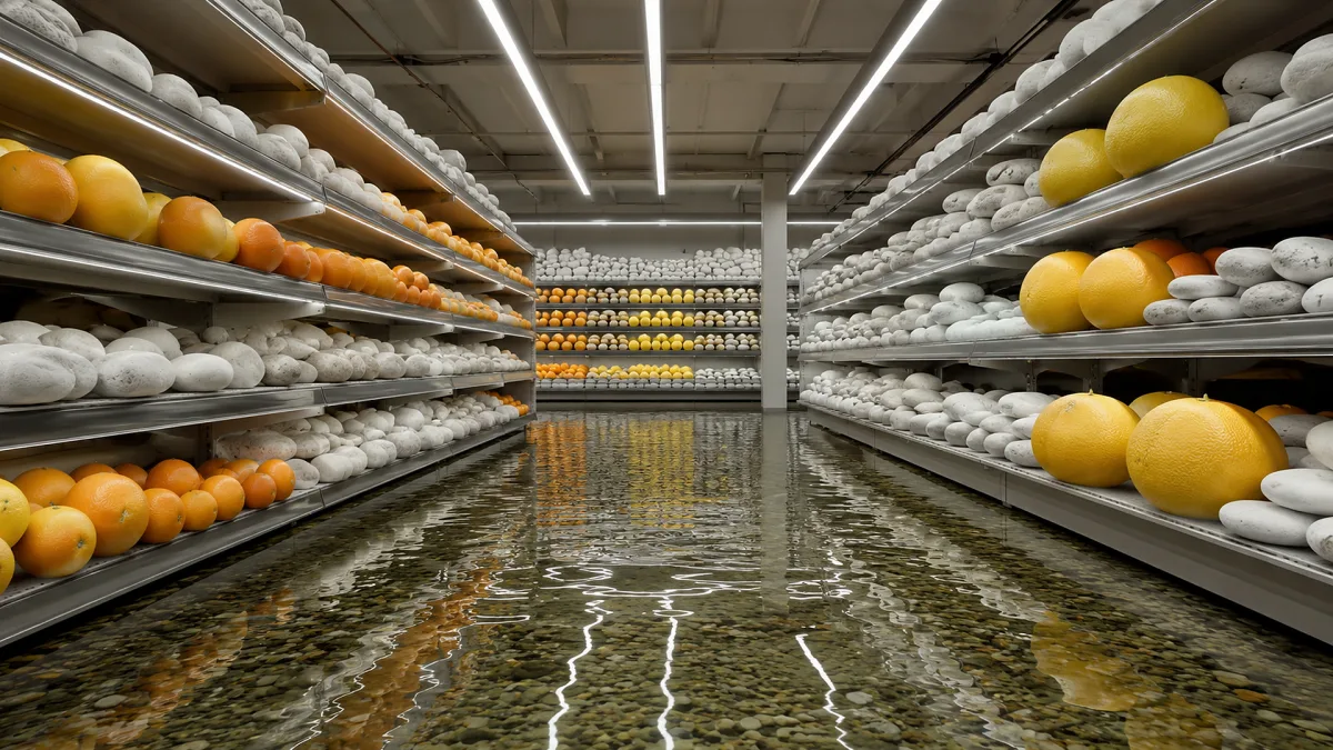 A flooded warehouse aisle is lined with shelves of yellow spheres and reflective water.