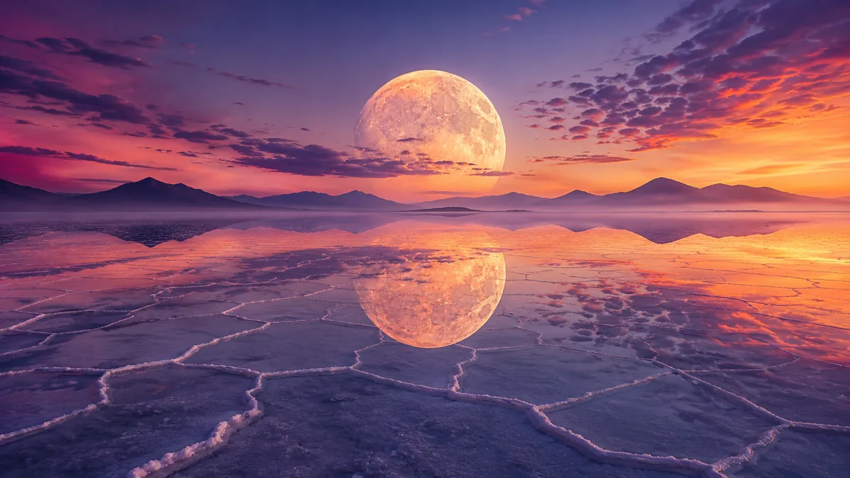 large moon reflected on salt flats at sunset