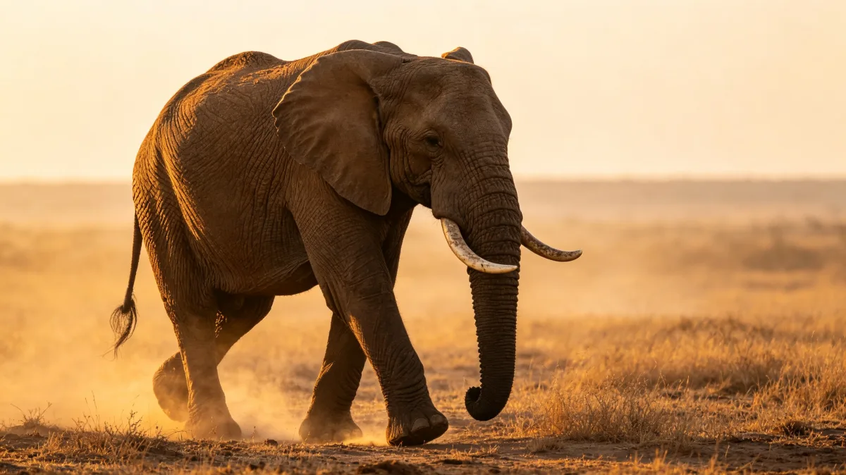 African elephant walking through dusty savanna at sunset