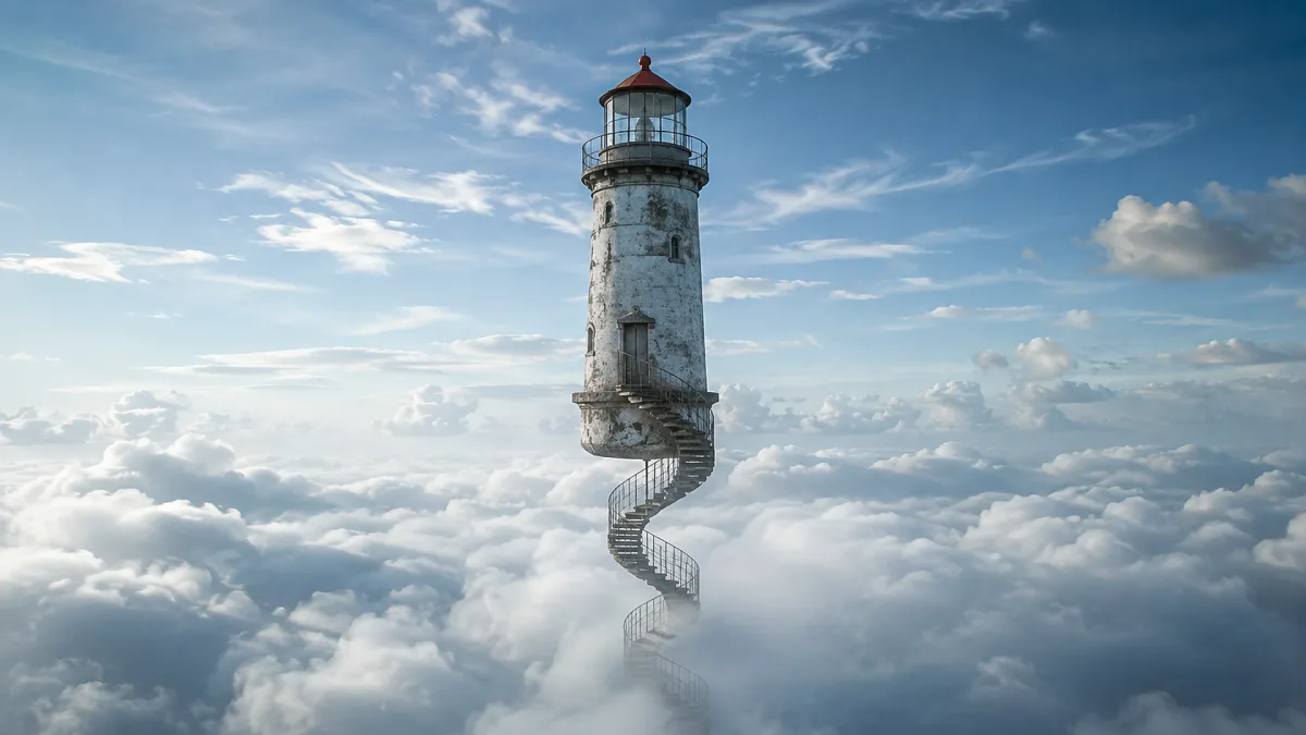 A lighthouse floats above clouds with a spiral staircase hanging below it.