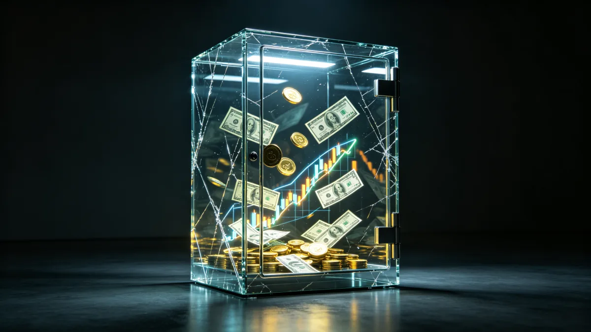 A clear glass safe or display box holds floating banknotes and coins under dramatic studio lighting, creating a strong concept about savings security, locked liquidity, transparency, and protected...