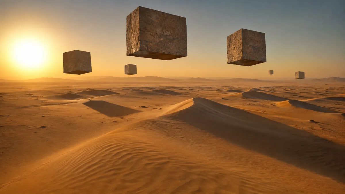 Stone cubes hover above desert dunes in warm sunset light.