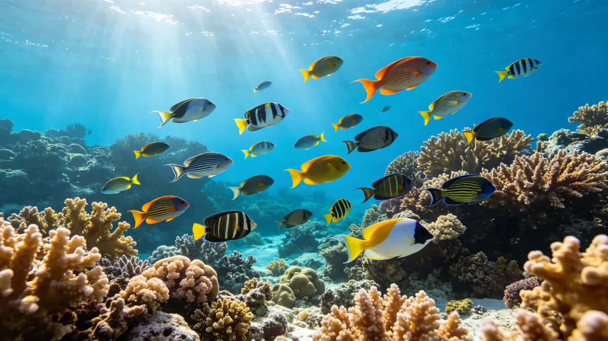 Colorful tropical fish swimming over coral reef