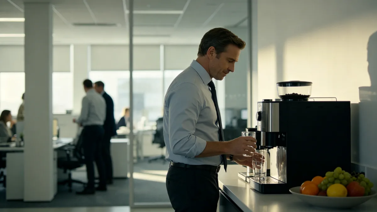 A man stands near a coffee machine and fruit counter in an office kitchen while holding a mug, showing a brief workplace pause, informal routine, and the small rhythms of office life.