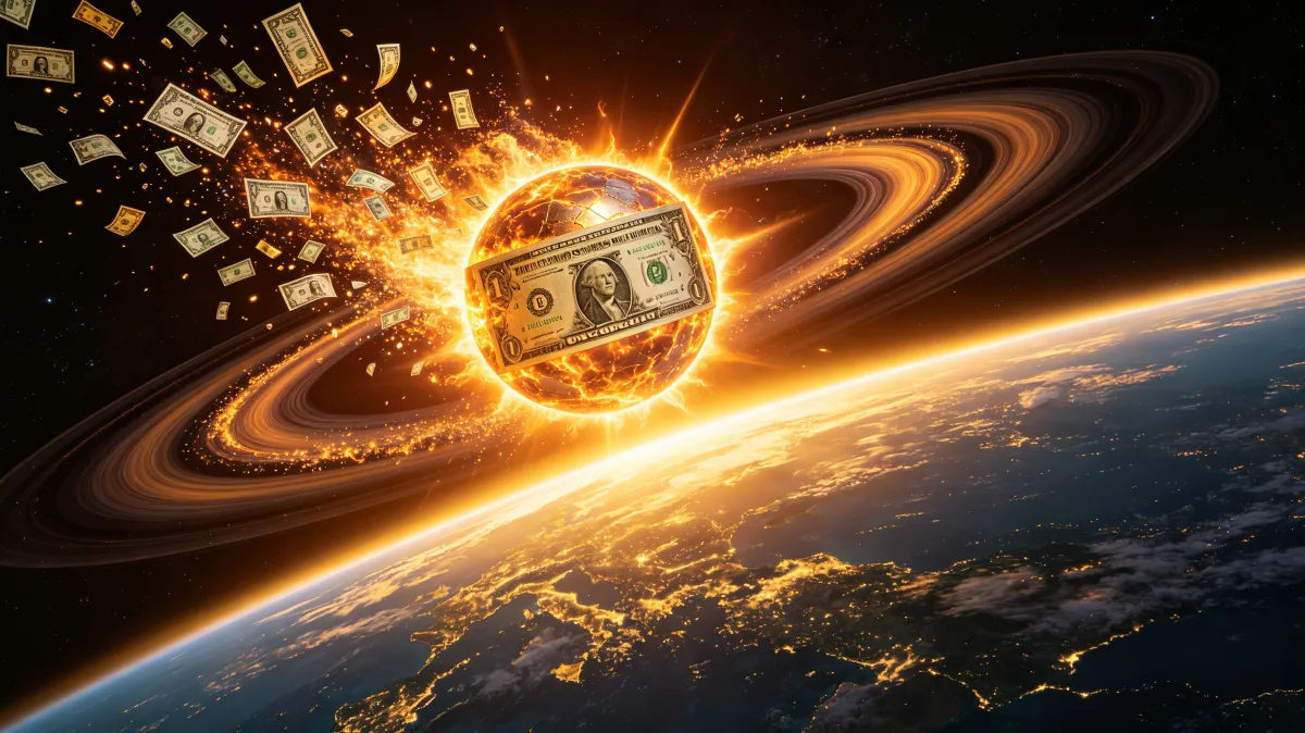 A fiery sphere of cash and dollar bills streaks above Earth like a meteor, creating a dramatic global finance image about shocks, inflation, market heat, and fast-moving capital.