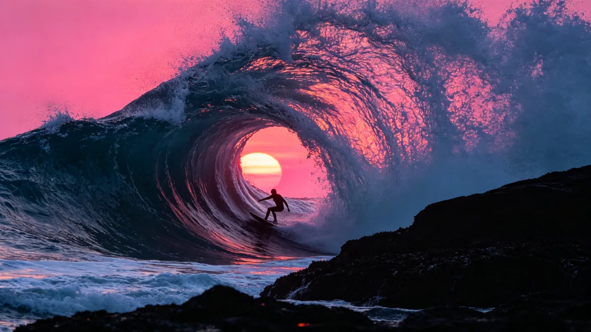 Pink Ocean Wave At Sunset