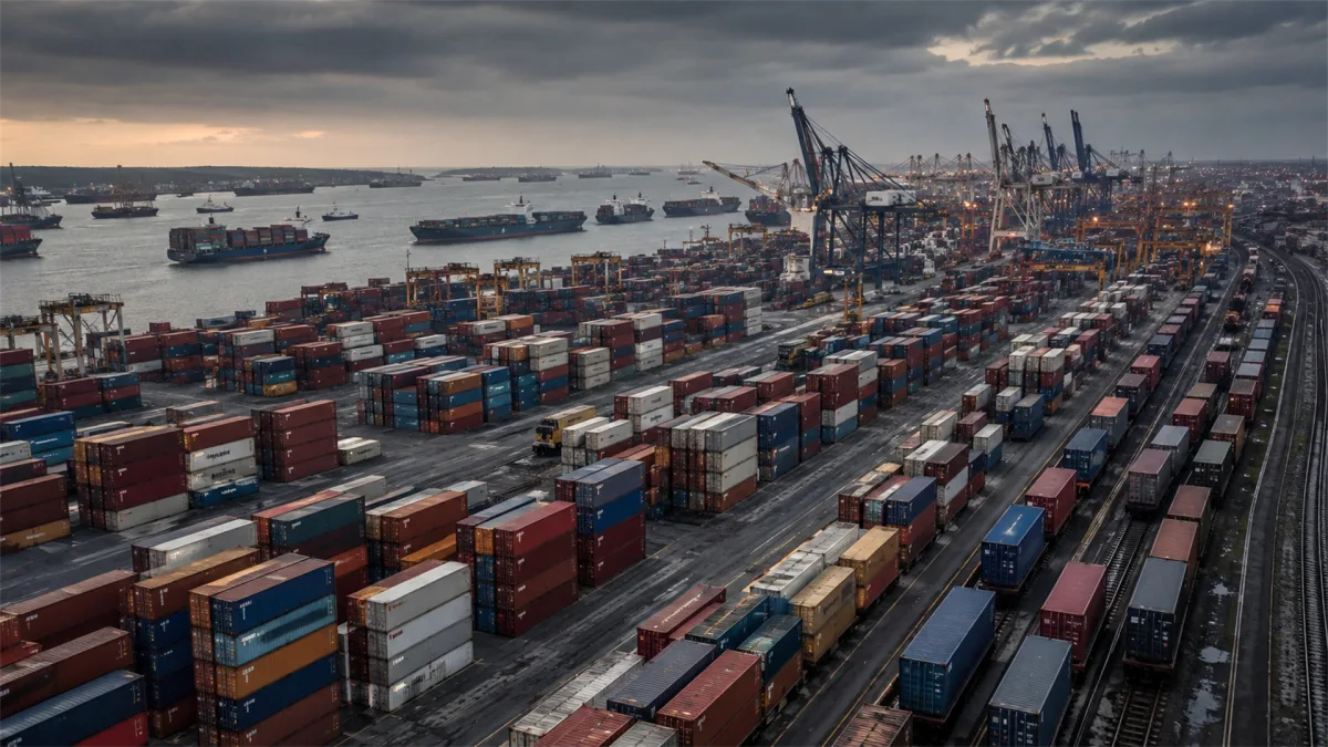 A large container port and rail yard under storm clouds suggests trade disruption, logistics pressure, supply-chain congestion, and macroeconomic risk.