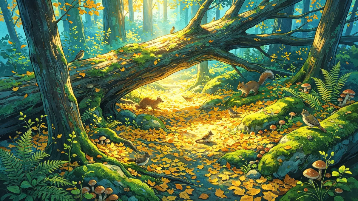 Warm sunlight pours through a green forest where a fallen tree crosses a stream and flowers cover the ground, giving the scene a peaceful hiking-trail mood with soft light, woodland texture, and...
