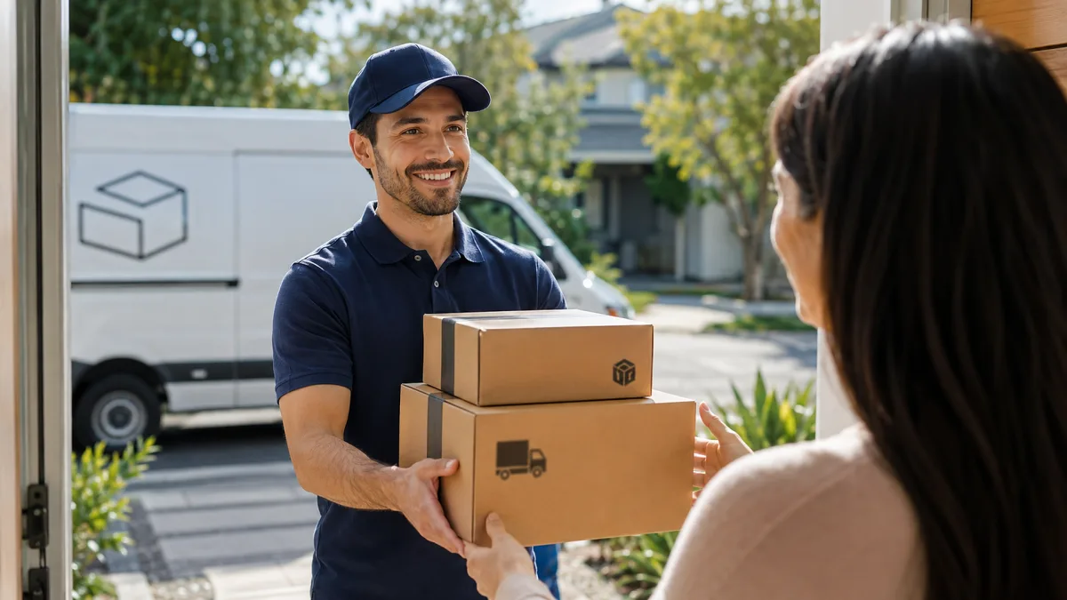 A courier hands stacked cardboard packages to a customer at the front door.