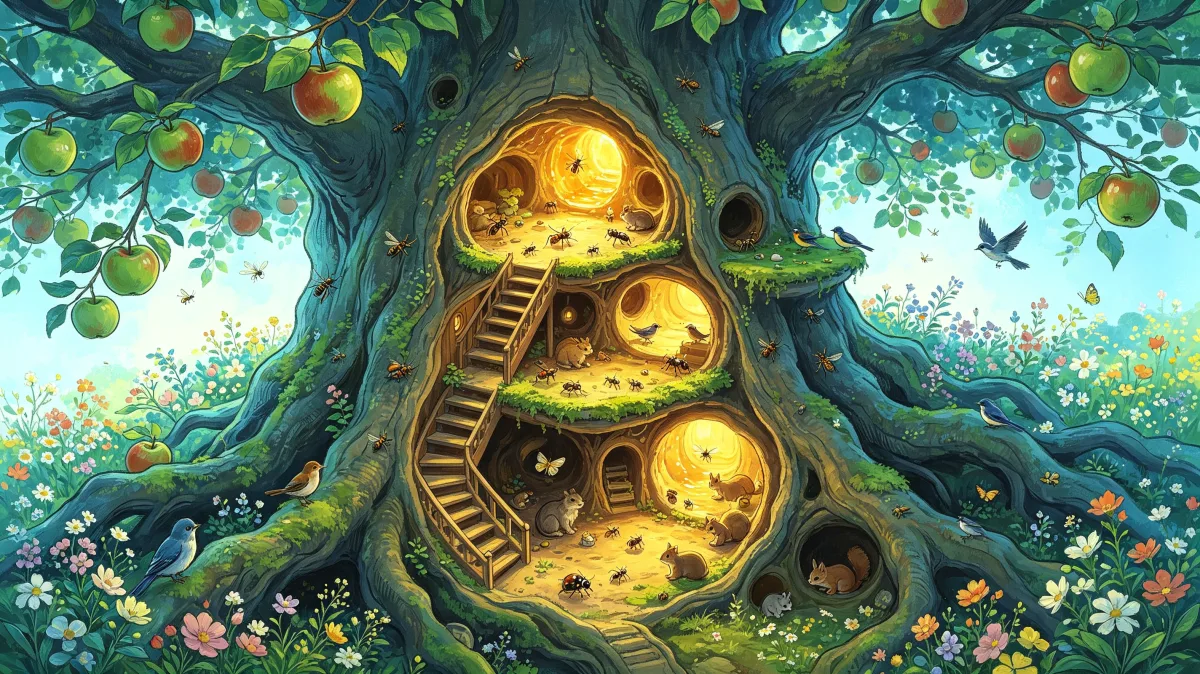 A hollow tree trunk opens into a cozy golden interior with rounded windows, stairs, flowers, fruit, and birds, suggesting a magical woodland home, storybook shelter, and warm fantasy architecture...
