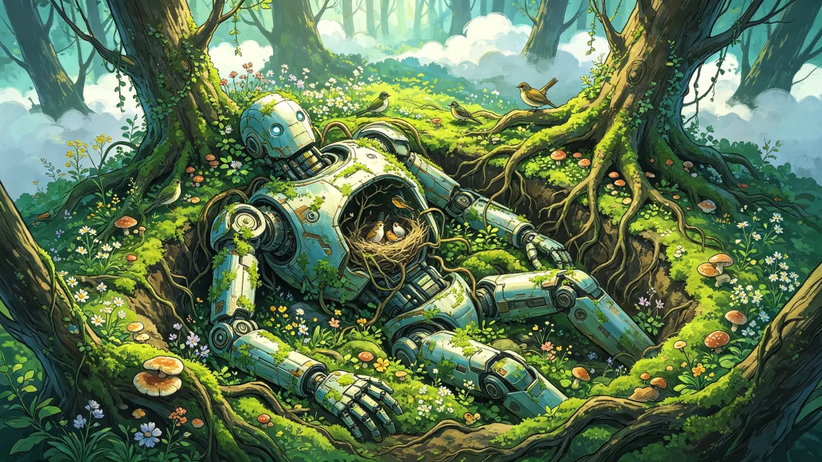 A worn robot lies partly covered by plants, moss, flowers, and vines inside a bright forest, creating a post-technology nature scene about recovery, overgrowth, forgotten machines, and green life...
