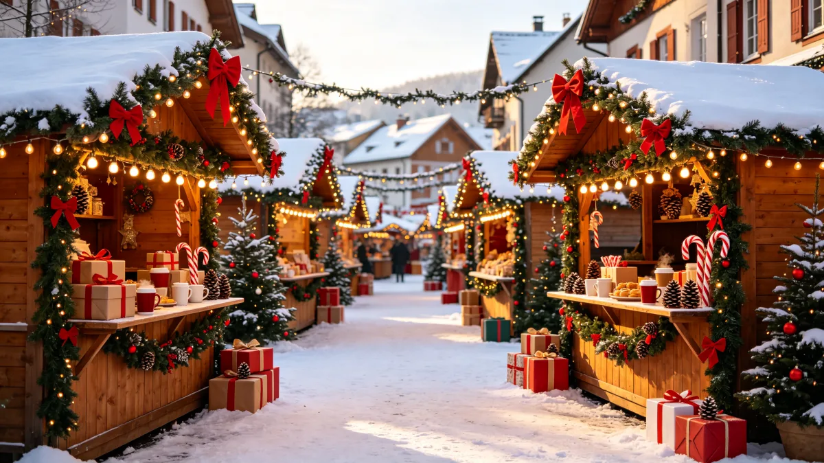 snowy Christmas market stalls with lights and gifts