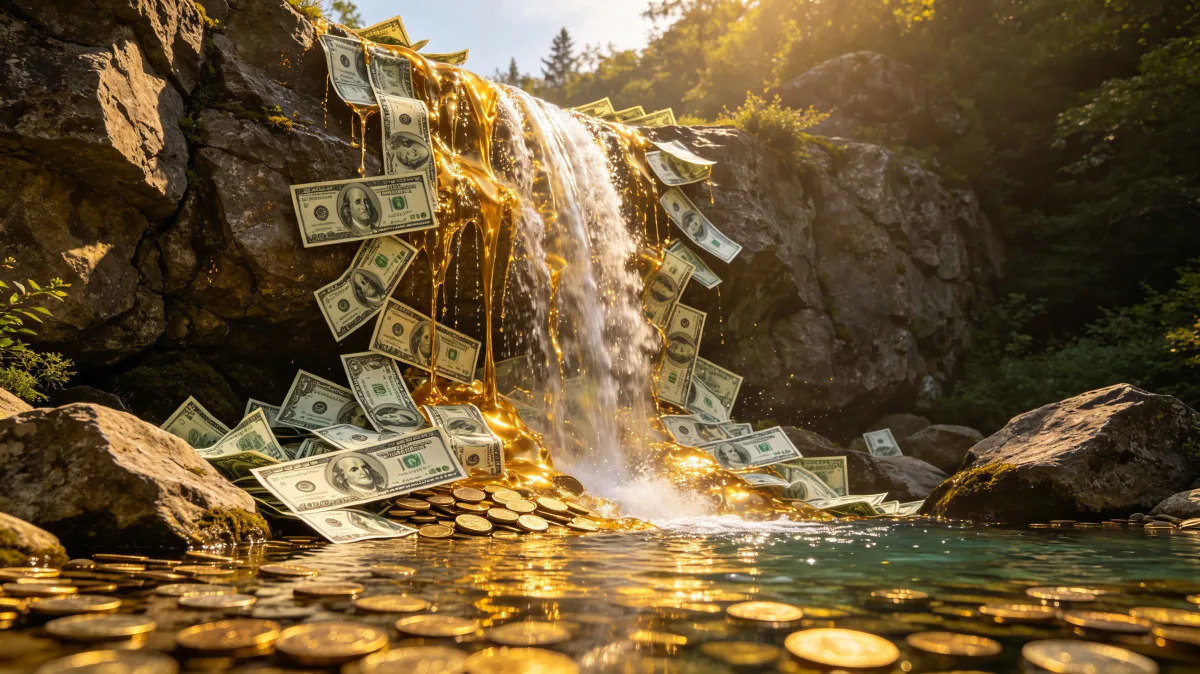 Banknotes cascade with water over a rocky ledge into a stream filled with coins, reinforcing a natural money-flow metaphor with stronger motion, sunlight, and abundance than a typical tabletop...