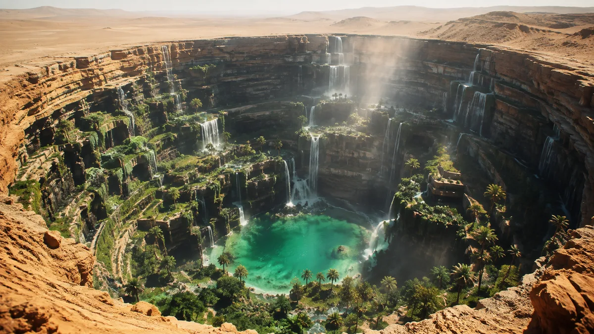 large desert sinkhole oasis with turquoise water and waterfalls