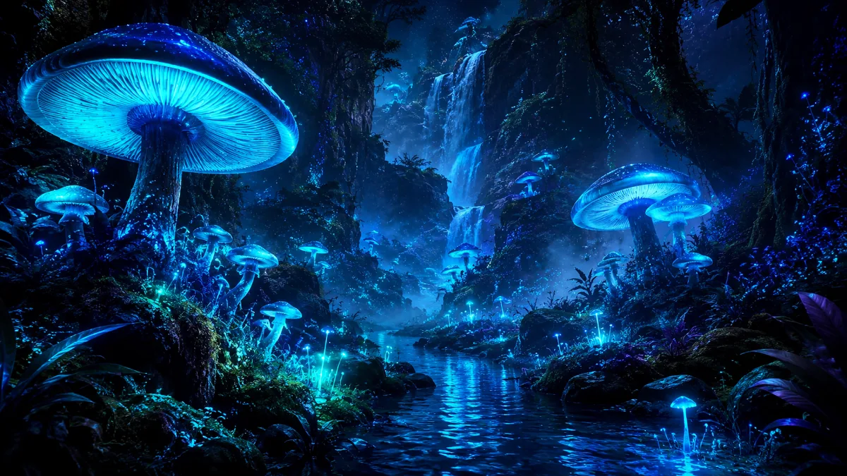 glowing blue mushrooms in a dark crystal cave