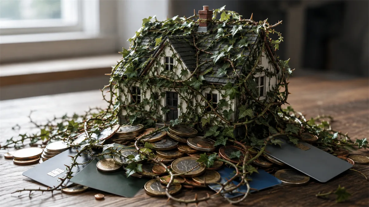Coins, chains, vines, and a notebook form a debt metaphor, suggesting unpaid bills, financial burden, and long-running household obligations.