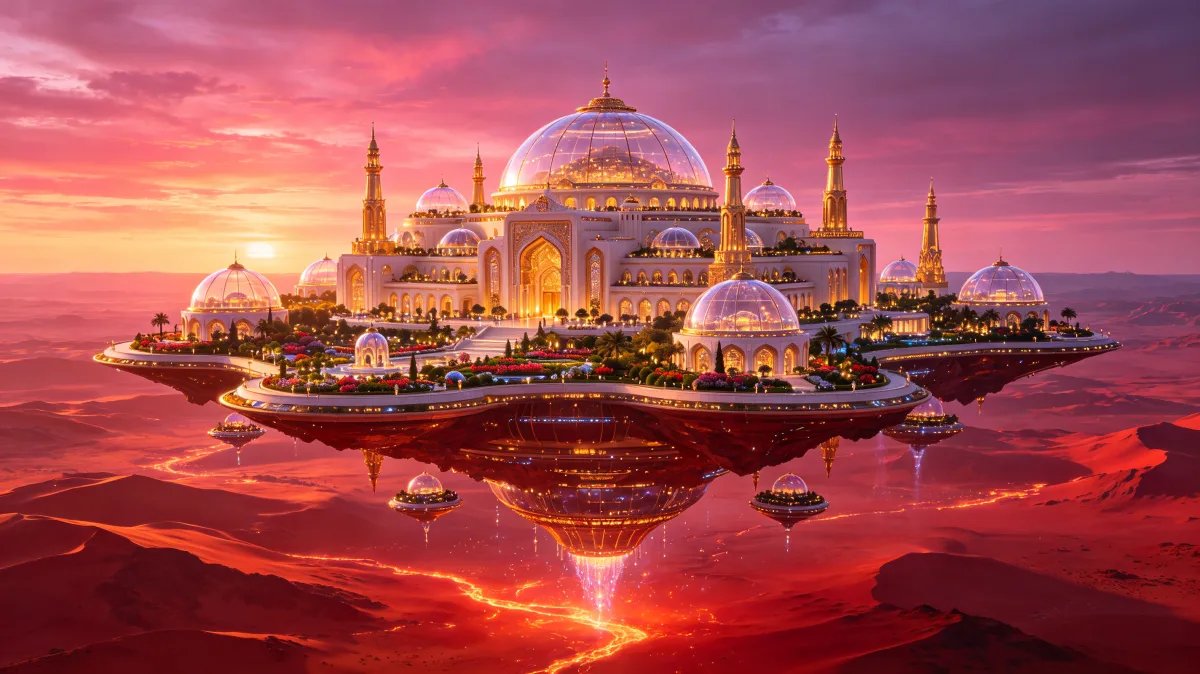 Floating Palace City At Pink Sunset
