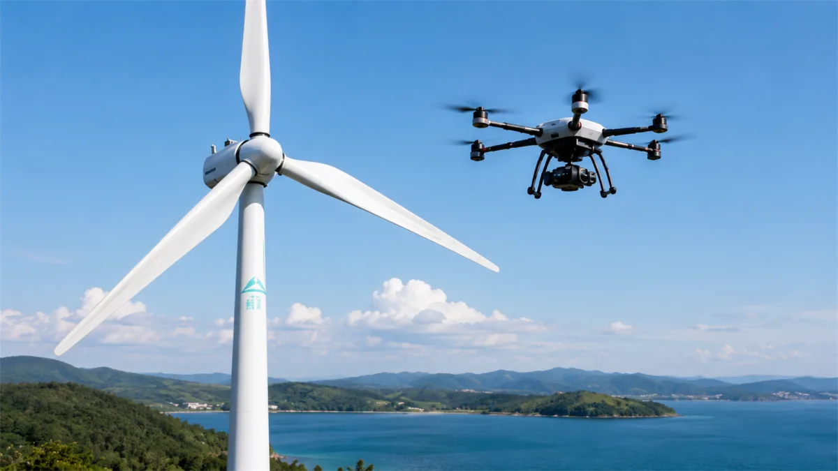 A drone flies beside a tall wind turbine above a blue coastal landscape, showing automated inspection and renewable-energy maintenance in future infrastructure.