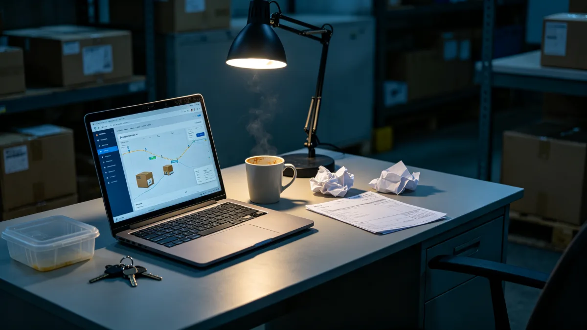 warehouse desk with laptop order data and boxes