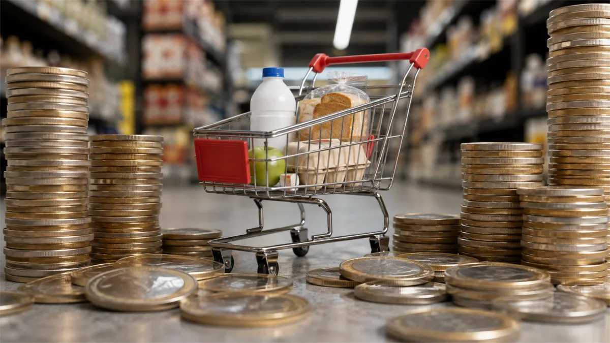 A grocery cart stands amid stacks of coins in a supermarket aisle, reinforcing the link between consumer prices and weekly household shopping.
