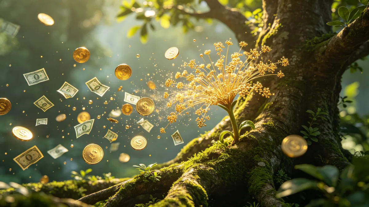 Banknotes and coins drift through a sunlit forest around a mossy tree, creating a warm natural metaphor for unexpected income, money growth, financial luck, and value appearing in hidden places.