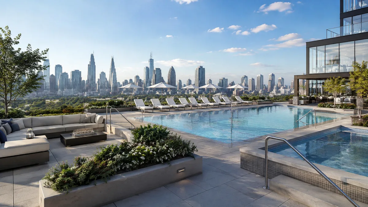 A rooftop pool deck overlooks a dense city skyline with lounge seating, greenery, and a luxury urban residential mood.