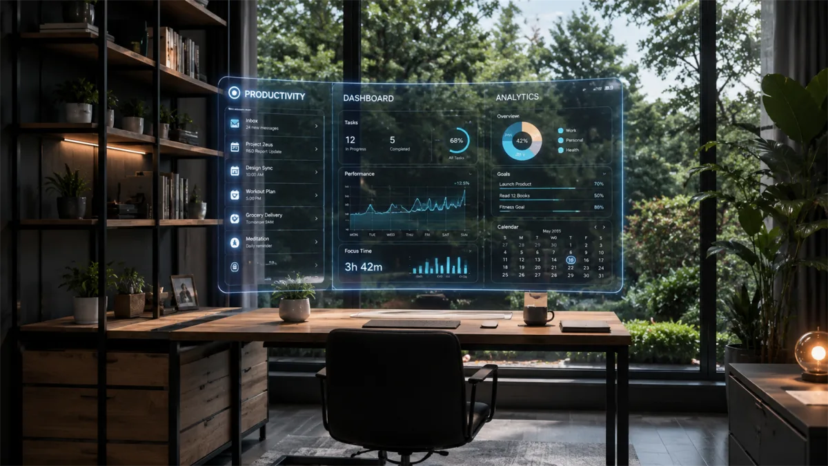 A home office uses a transparent data wall with dashboards, charts, and planning panels, suggesting remote work in an intelligent connected environment.