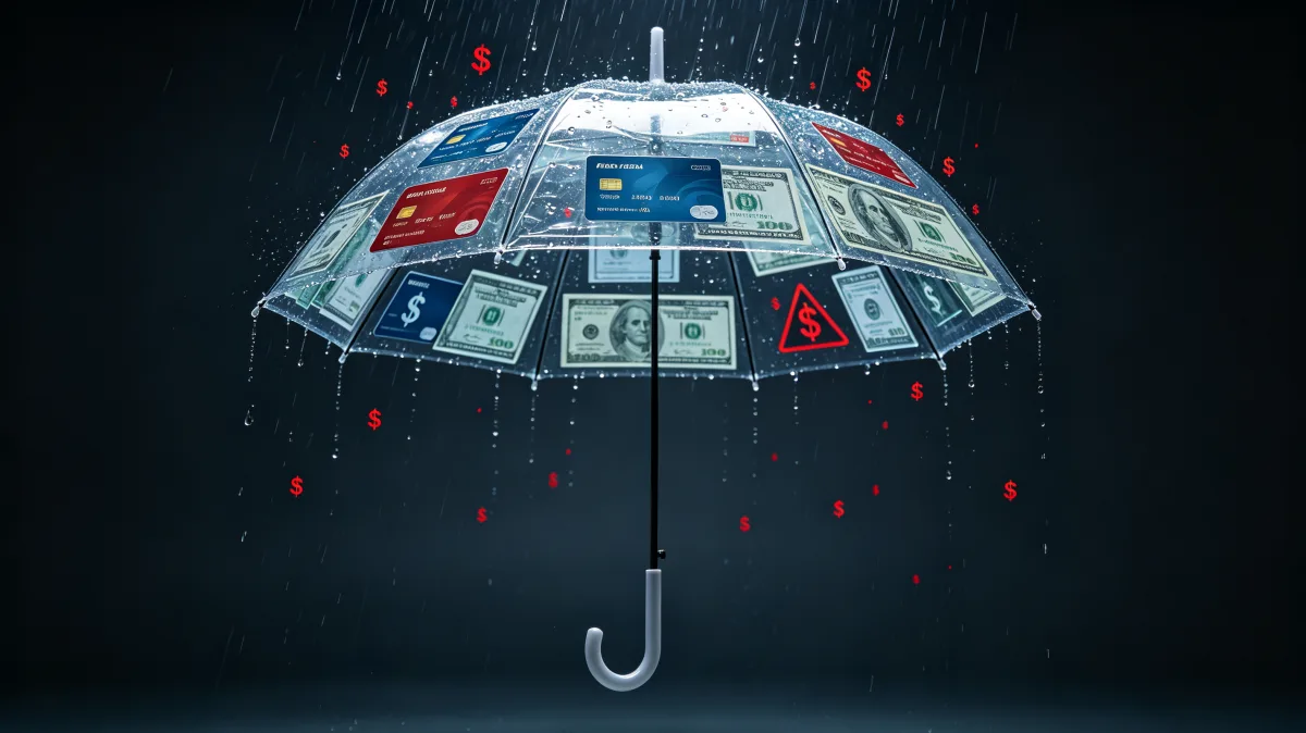 A dark studio composition shows an umbrella canopy built from banknotes and warning symbols, turning cash into a shield against red market alerts, uncertainty, and possible loss.