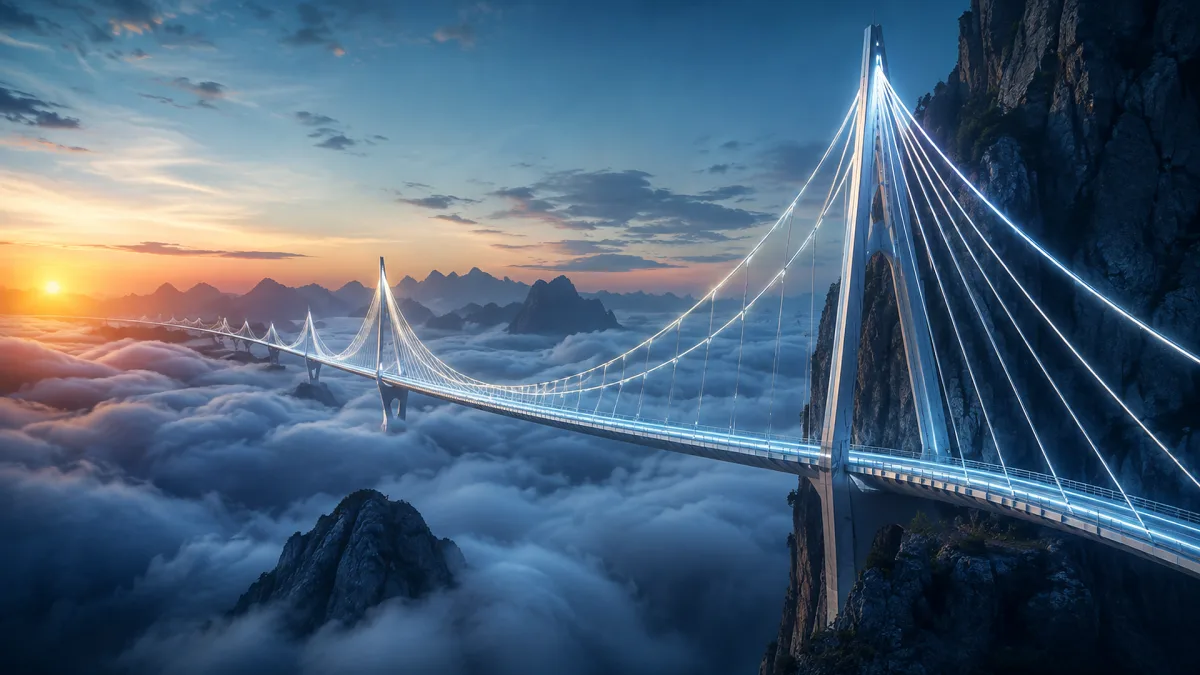 suspension bridge between mountains above clouds at sunset