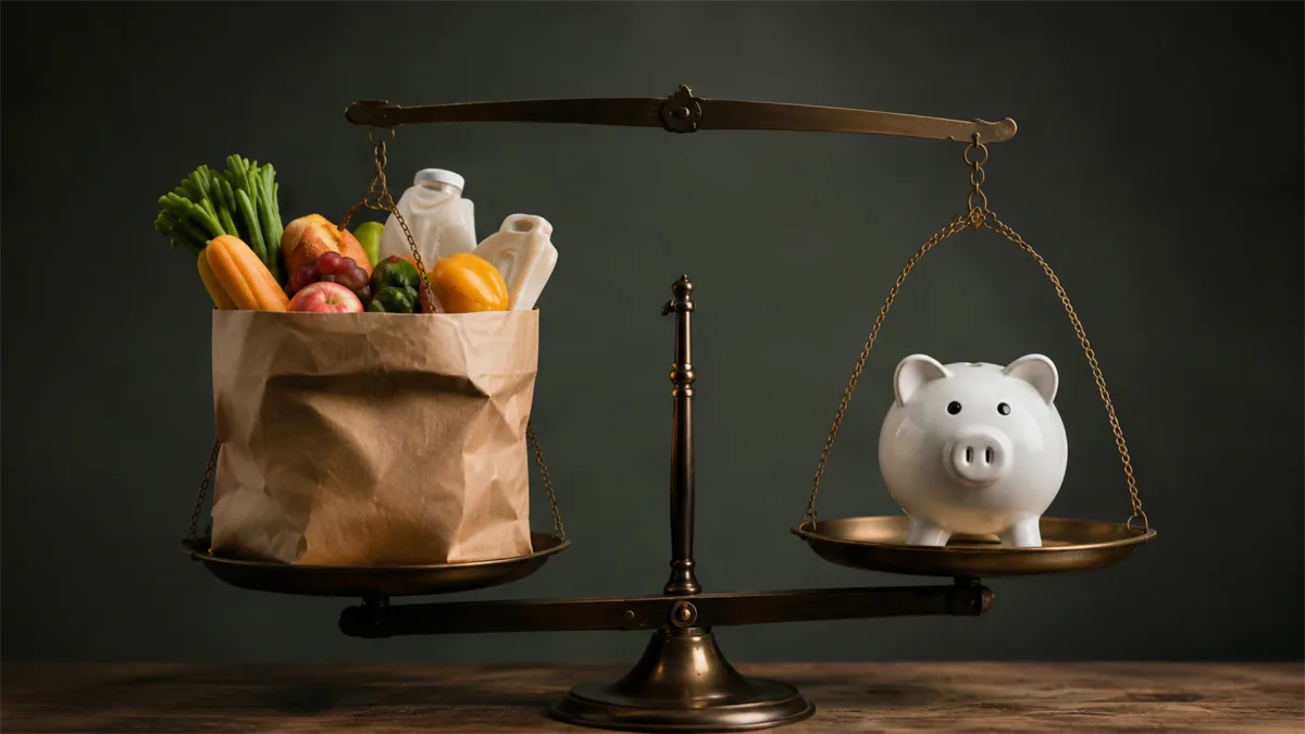 A paper bag of groceries is weighed against a piggy bank, representing food prices, grocery budgets, and the tradeoffs households face.