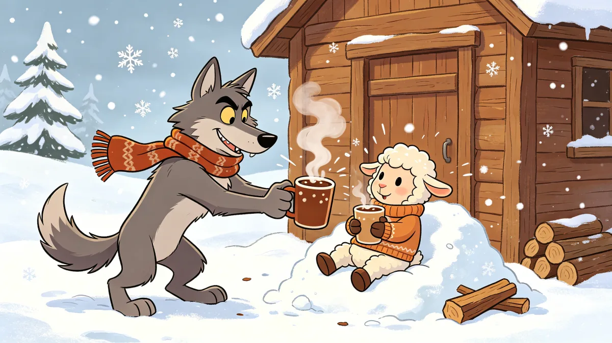 A colorful storybook cartoon scene featuring wolf and lamb drinking cocoa in snow, designed for playful children-friendly illustration use.