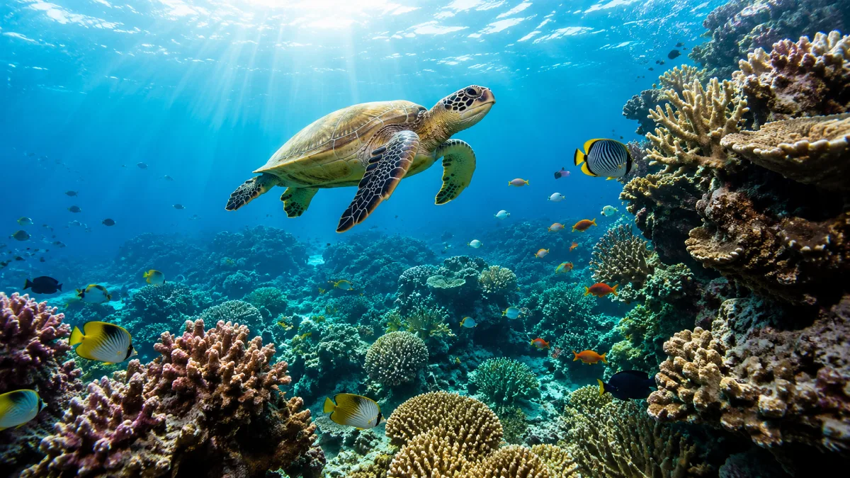 A sea turtle swims above coral reef in bright tropical water.