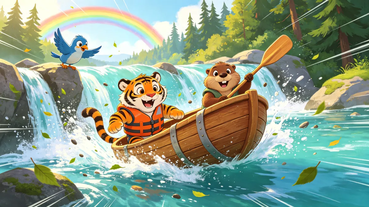 A colorful storybook cartoon scene featuring tiger and otter canoe ride through rapids, designed for playful children-friendly illustration use.