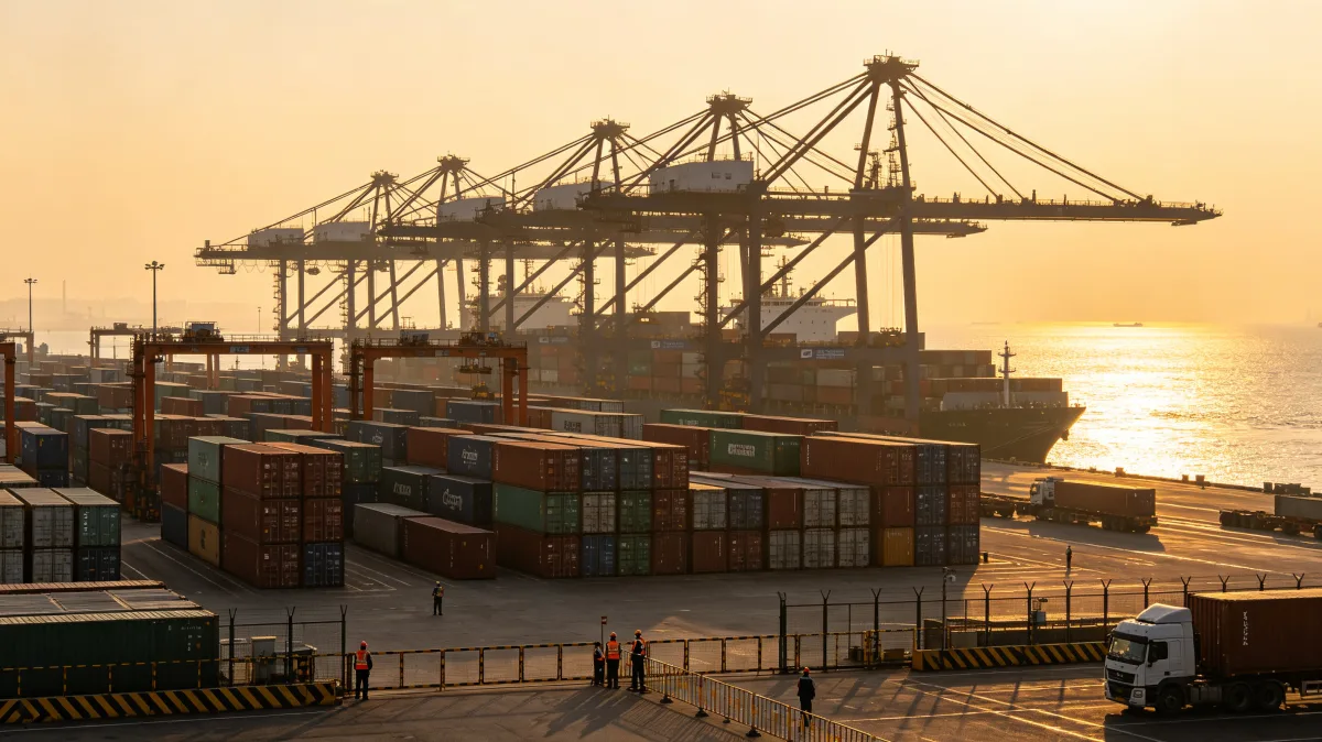 container terminal with cranes and cargo at golden hour