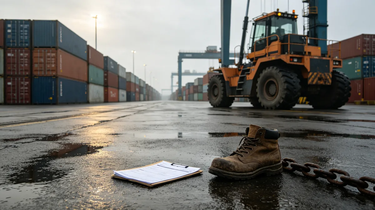 heavy loader beside containers in rainy industrial yard
