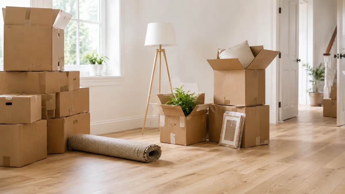 Cardboard moving boxes, rolled carpet, plants, and an open box fill a bright empty room during a home move.